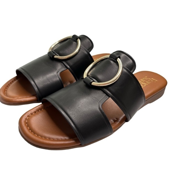 Franco Sarto Shoes - FRANCO SARTO Glori Sandals 9M Black Leather Slip On H-Bar Strap Silver O-Ring